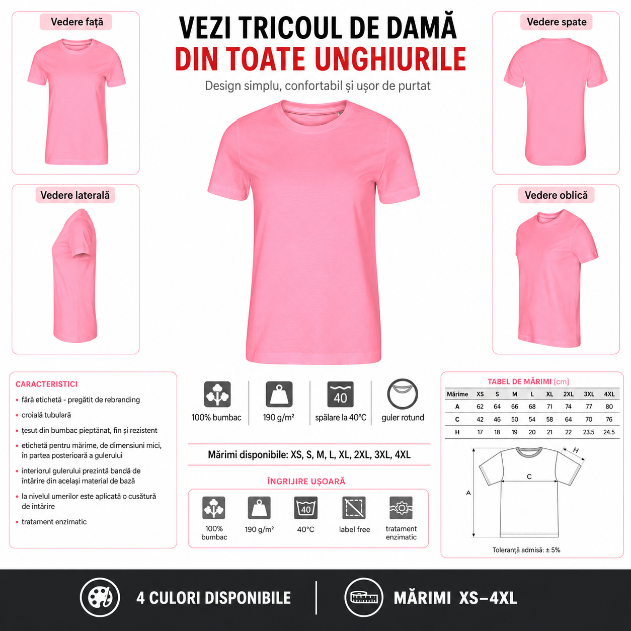 Tricou dama Malfini Edge 814 disponibil in 4 nuante alb rosu roz galben